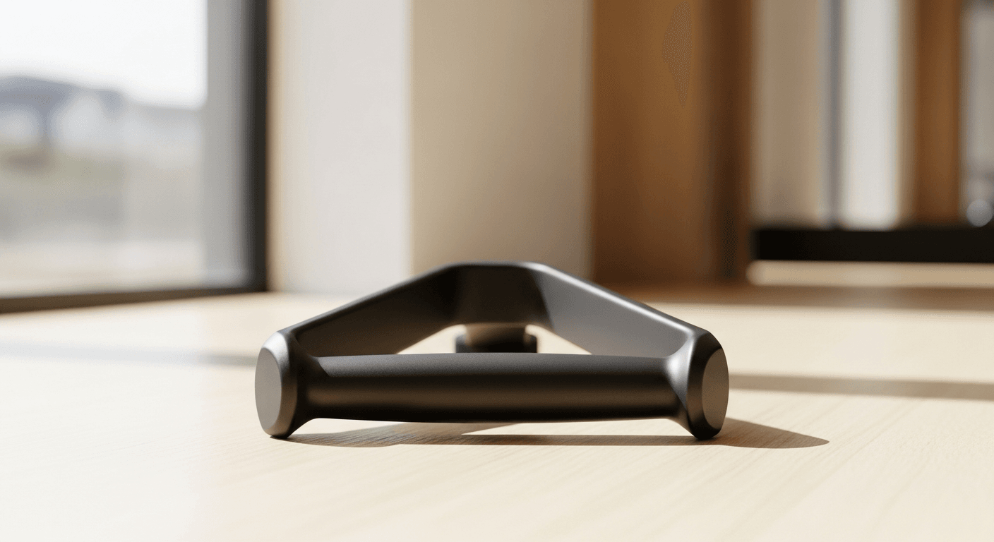 Premium matte-black gym equipment resting on a minimalist gym floor in warm natural light.