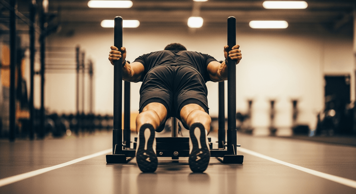 Athlete driving a competition sled across gym flooring, shot from ground level behind.