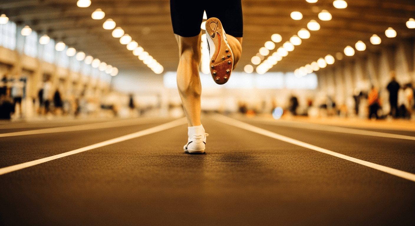 Exhausted athlete mid-stride in an indoor competition hall during late-race effort, captured in warm golden light.