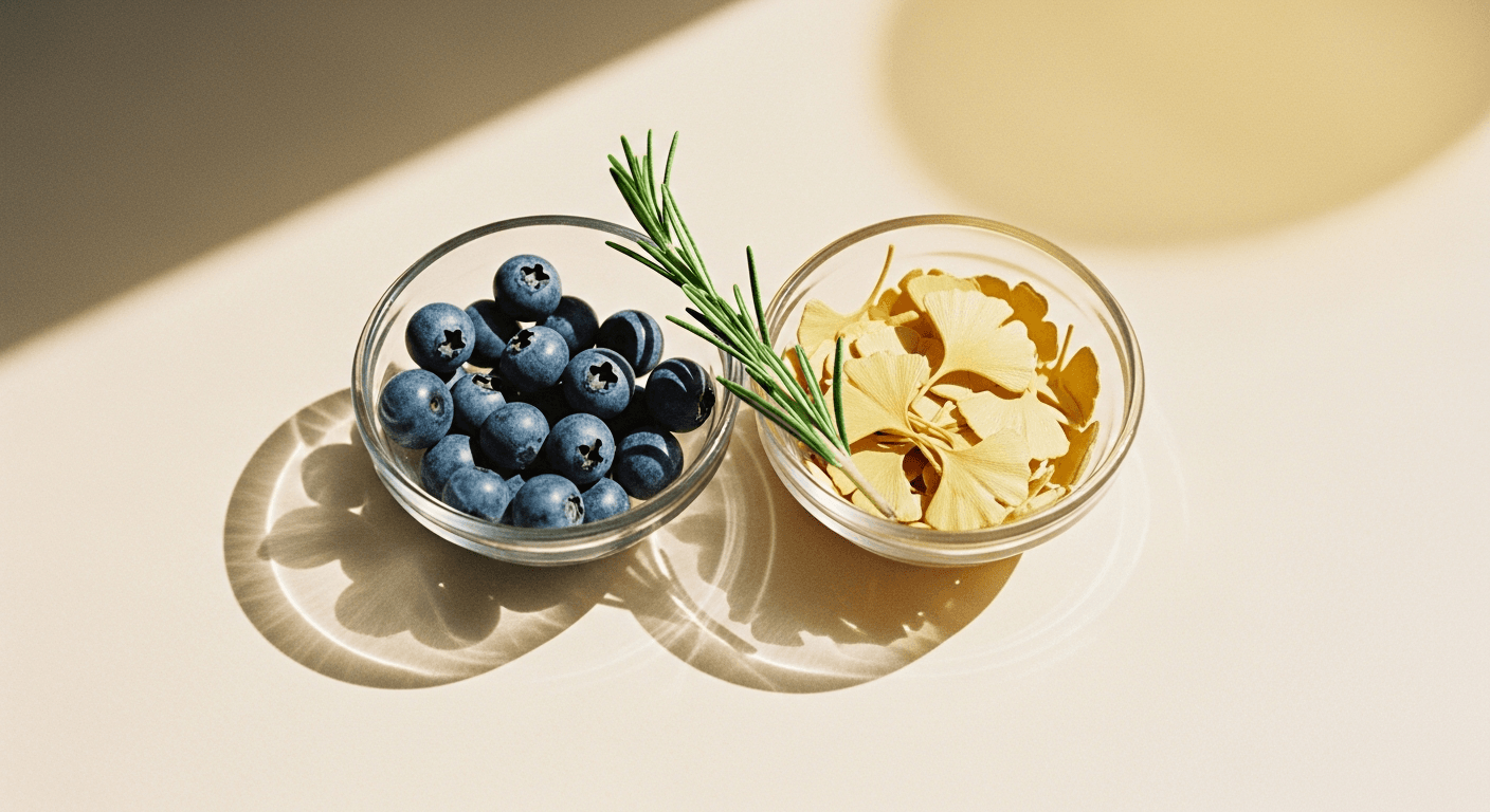 Two glass bowls with fresh blueberries and golden supplements separated by a rosemary sprig on a warm cream surface.