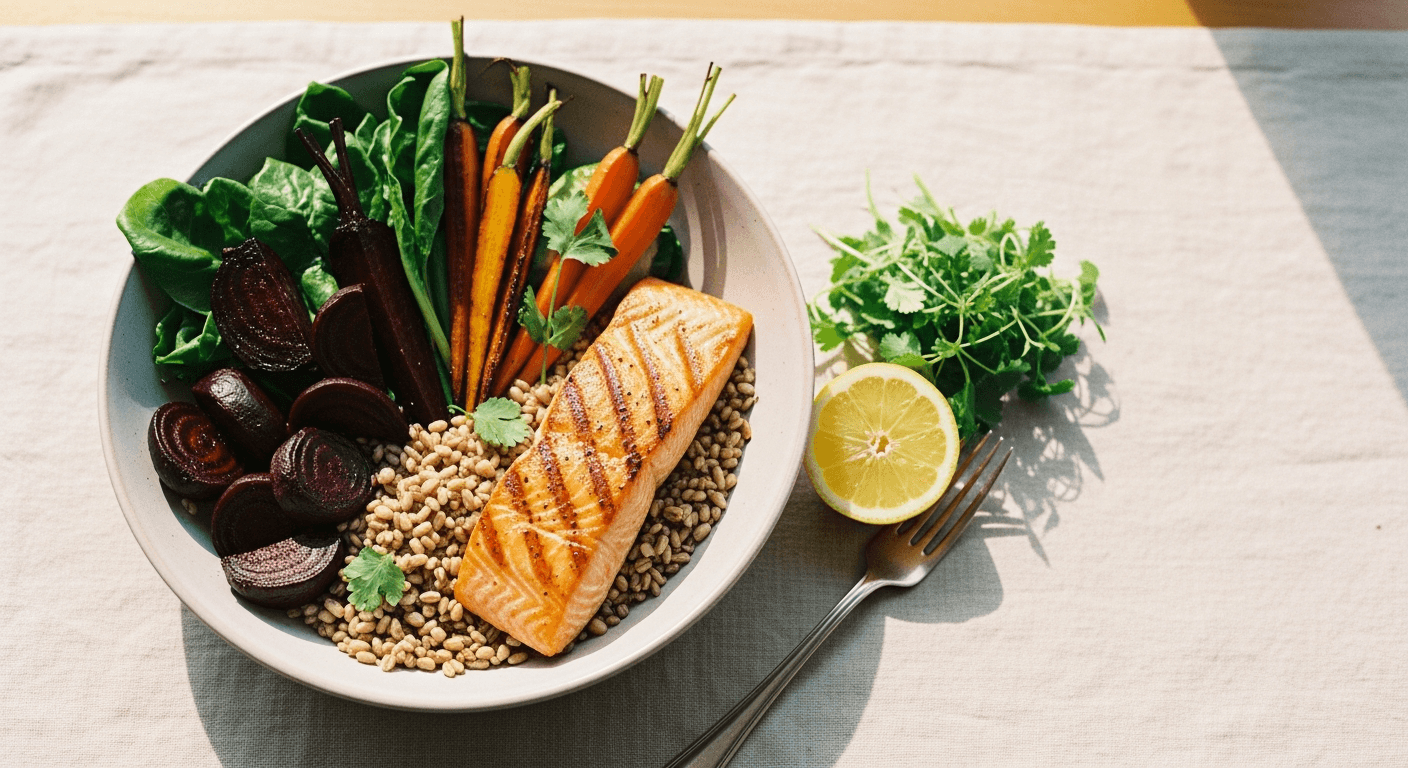 Grilled salmon with roasted vegetables and whole grains on a warm cream surface.