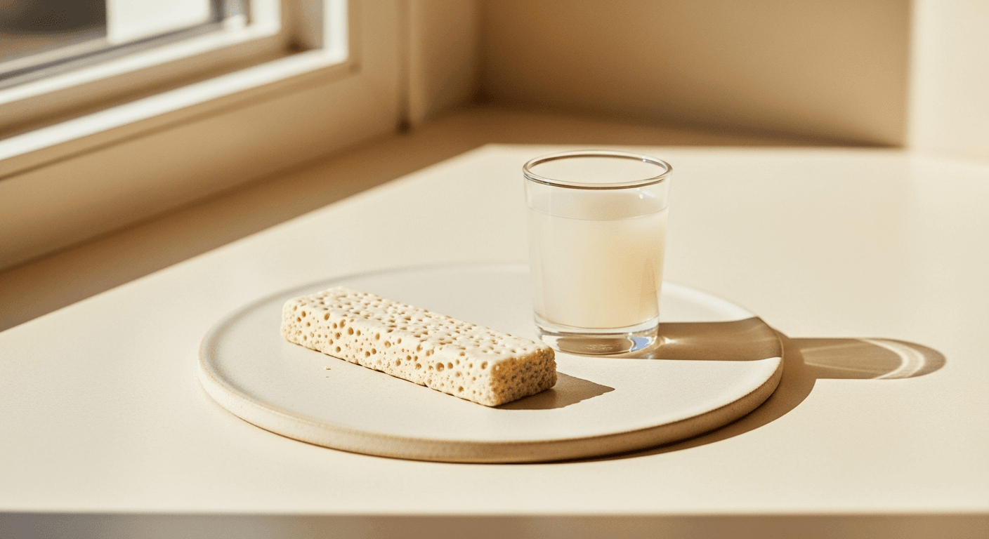 Sleek high-protein bar and glass of protein drink on a cream ceramic surface in soft natural light.