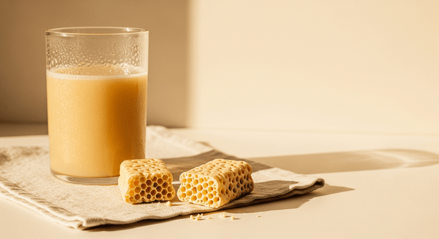 A broken aerated protein bar beside a glass of golden protein drink on warm cream linen.