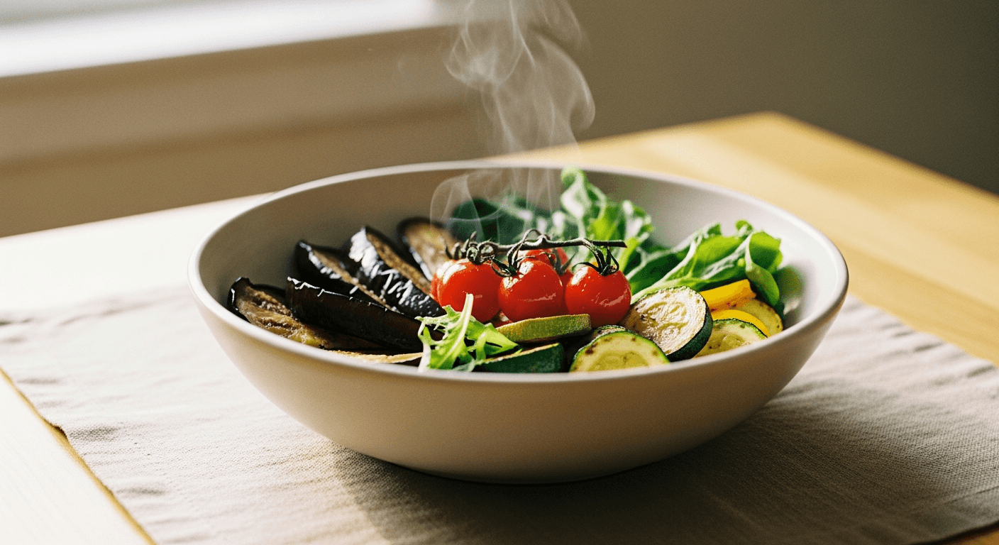 A ceramic bowl filled with vibrant roasted vegetables on a warm wooden dining table.