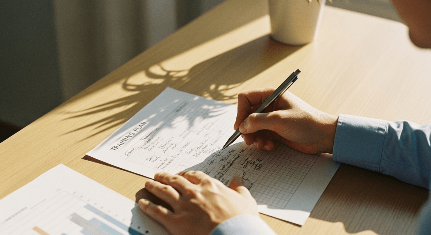 Coach's hands annotating a printed training plan on a light oak desk in morning light.