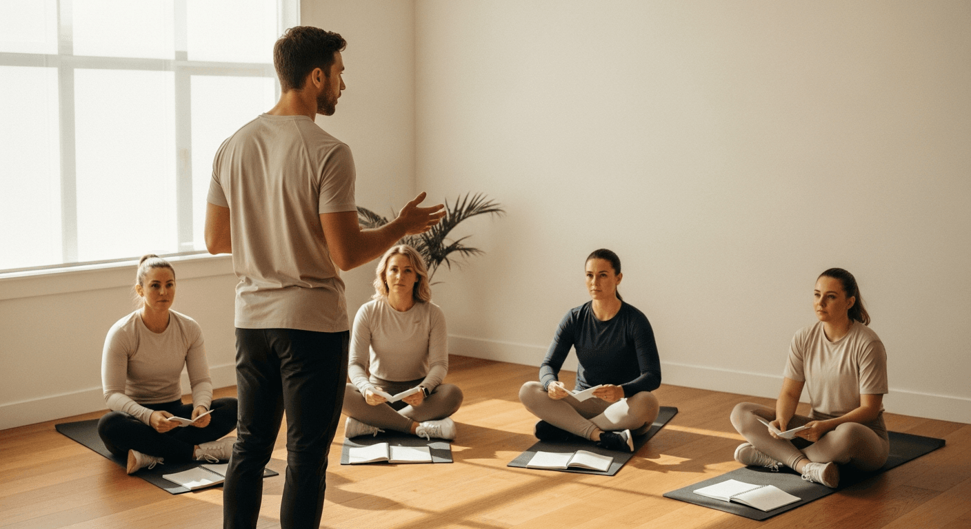 A fitness coach leads a small group session with three seated clients holding notebooks, arranged in a semicircle with warm natural light.