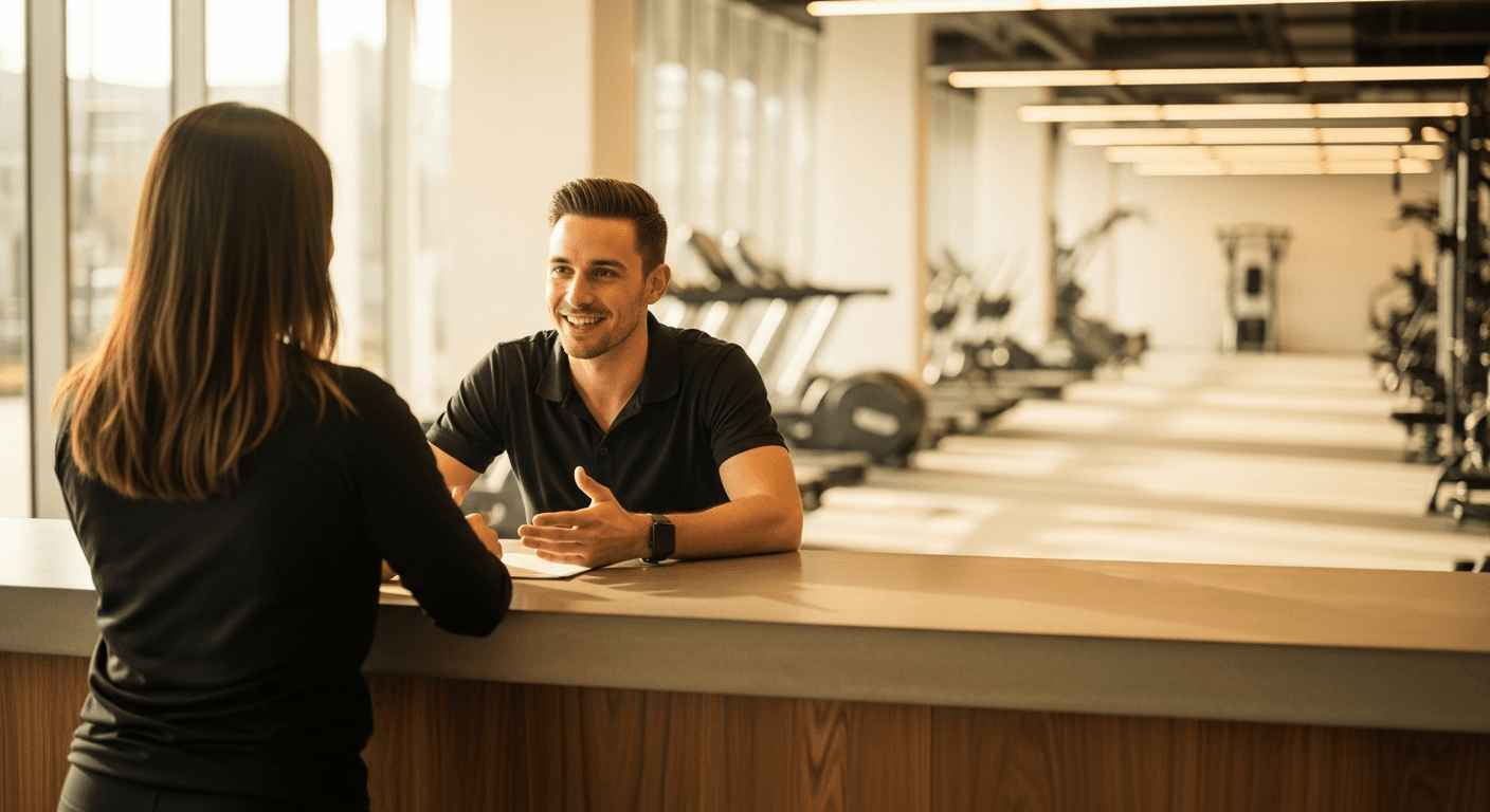 A new gym member is warmly welcomed at the reception desk by a staff member in a modern lobby.
