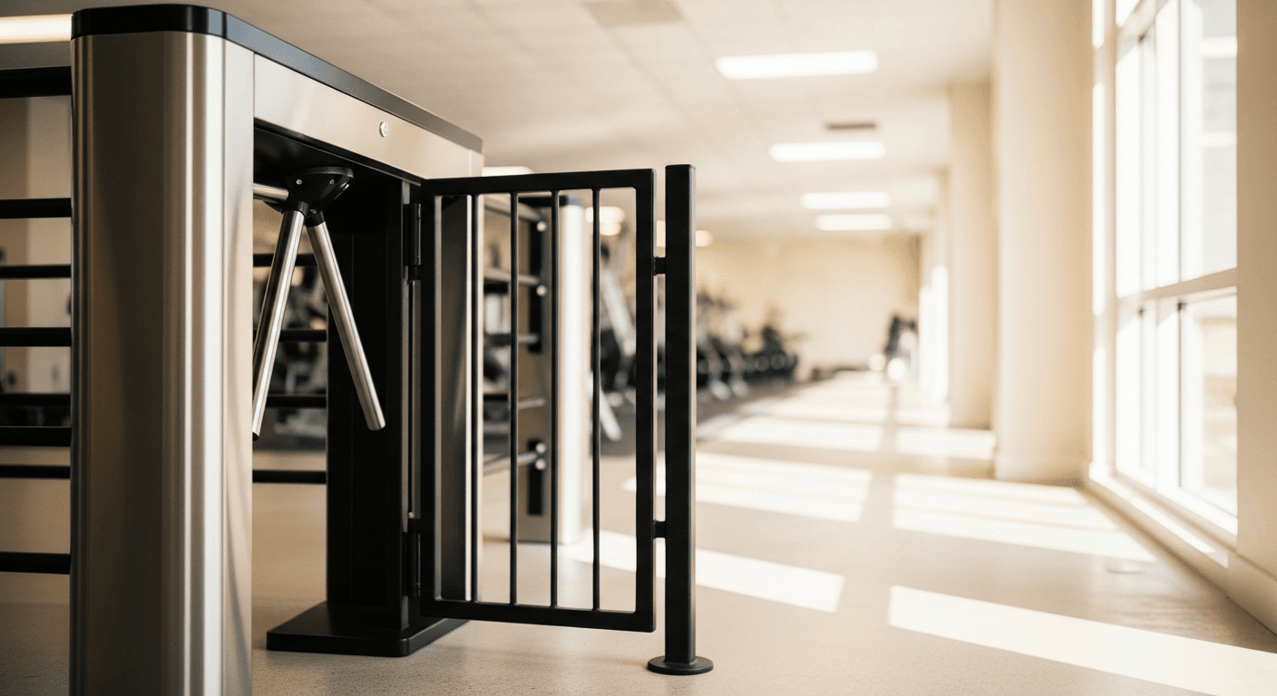 Modern gym entrance with brushed steel turnstile gate, blurred equipment corridor beyond, warm natural lighting.