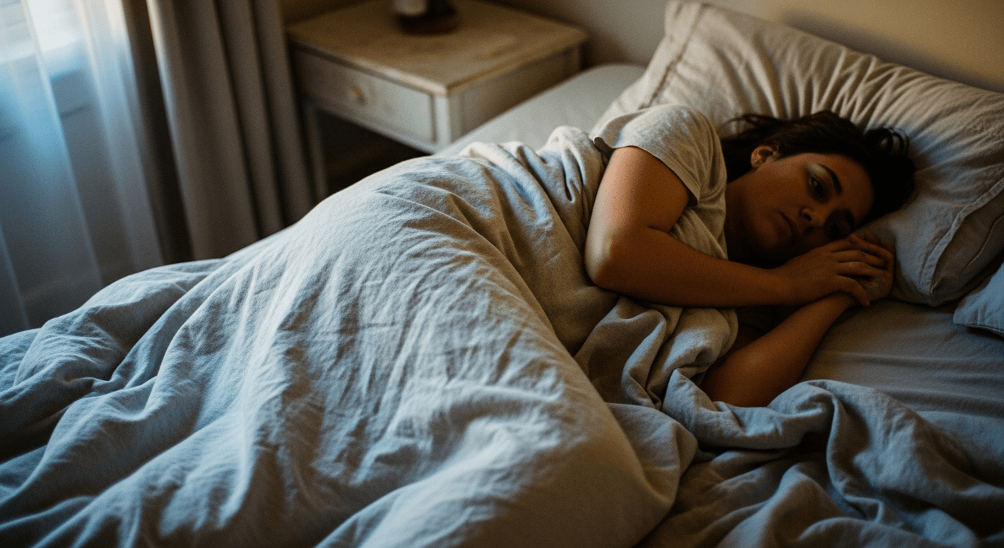 A person lying awake in bed at dawn with a still, open gaze, depicting sleeplessness.