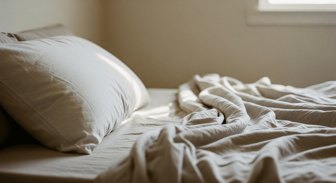 A white pillow on rumpled warm linen sheets bathed in soft morning light.