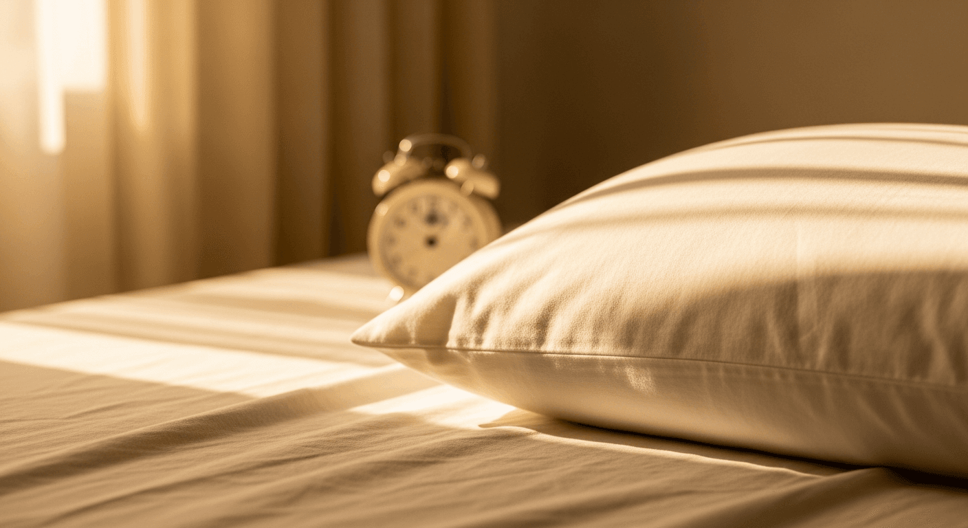 White pillow on rumpled linen sheets with an analog alarm clock in soft golden morning light.