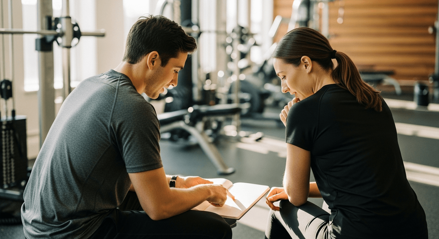A personal trainer and client review notes together on a gym bench in warm, natural light.