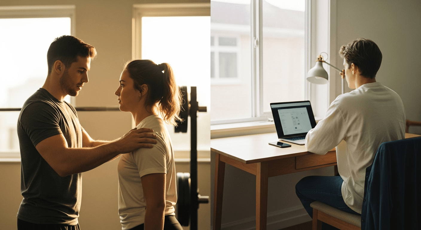 Split-screen composition contrasting in-person gym coaching with remote coaching from a home workspace.
