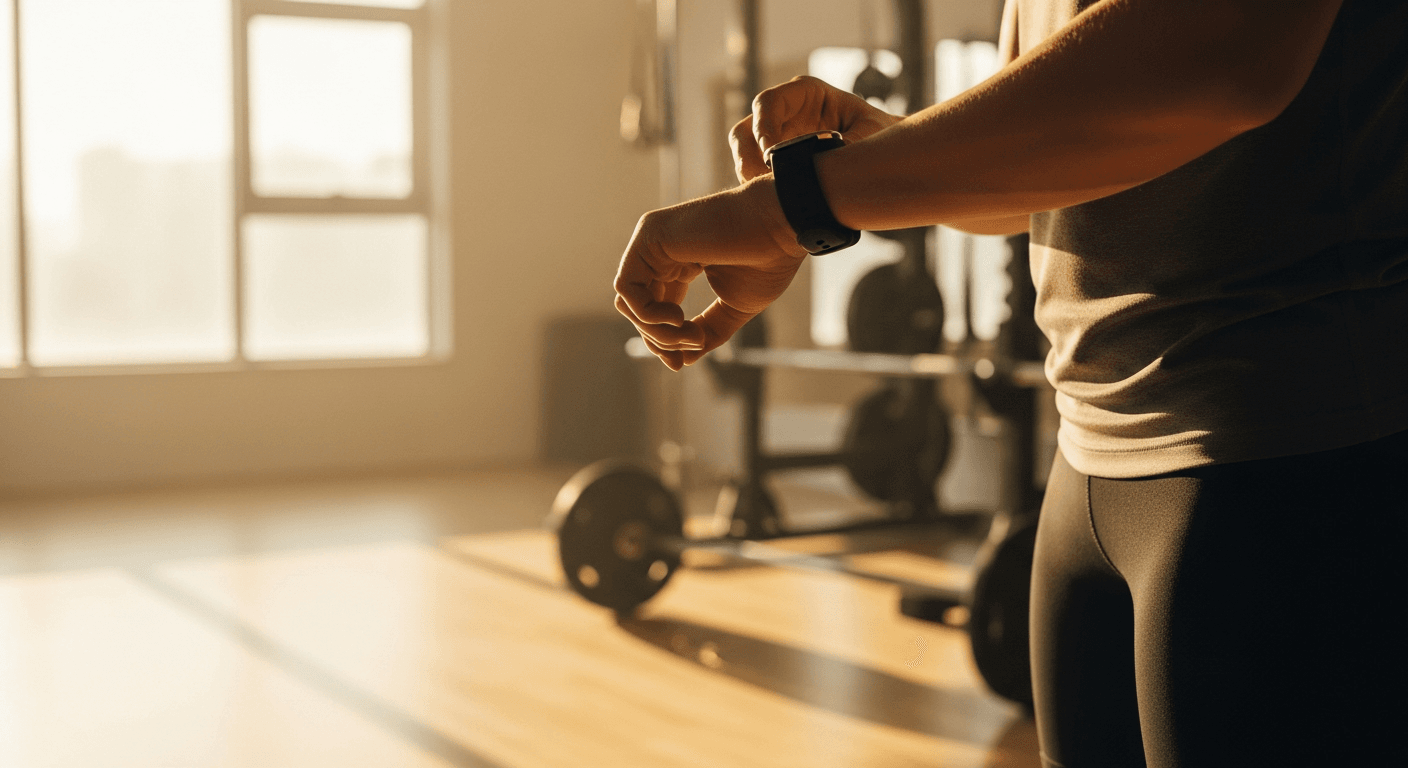 Athlete checking wristwatch before morning gym session in warm golden light.