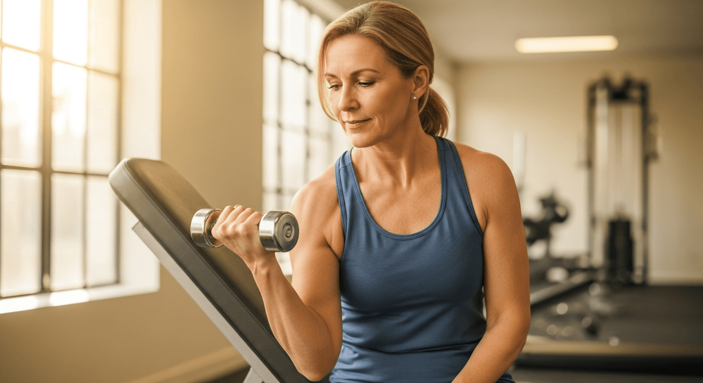 Middle-aged woman calmly performing a light dumbbell curl in a bright, airy gym.