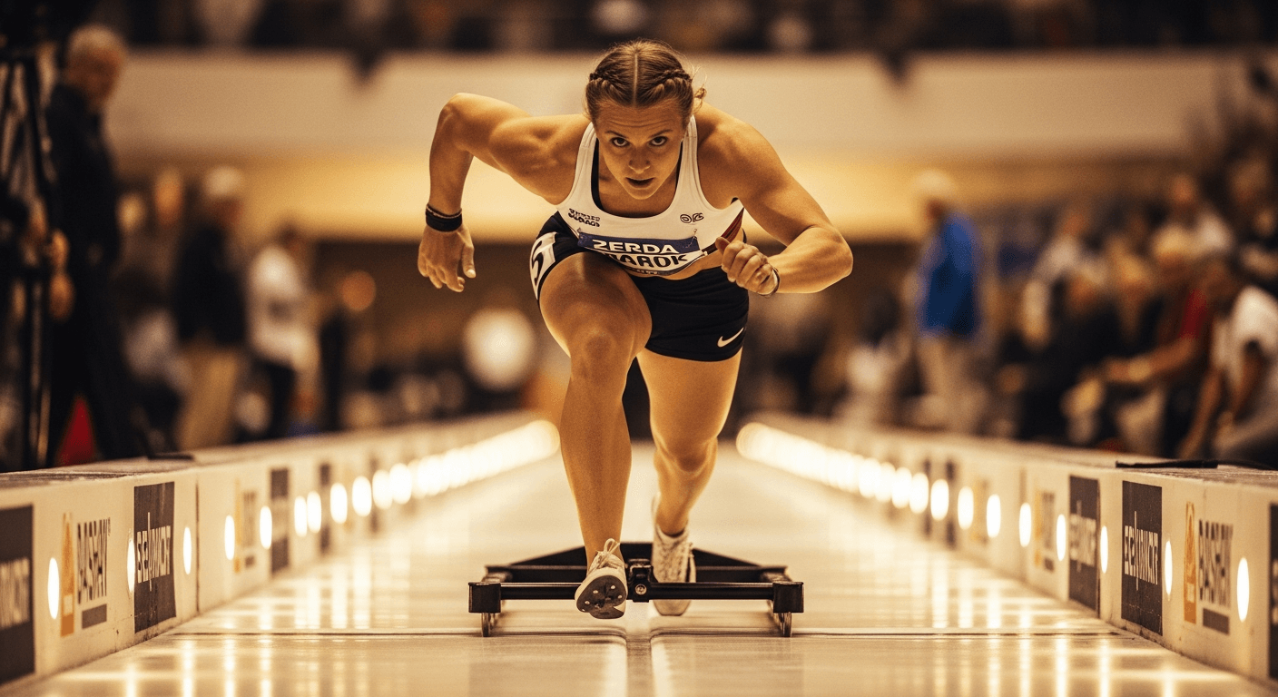 Elite female athlete sprinting hard into a competition sled at the finish line, captured in aggressive low-angle motion.