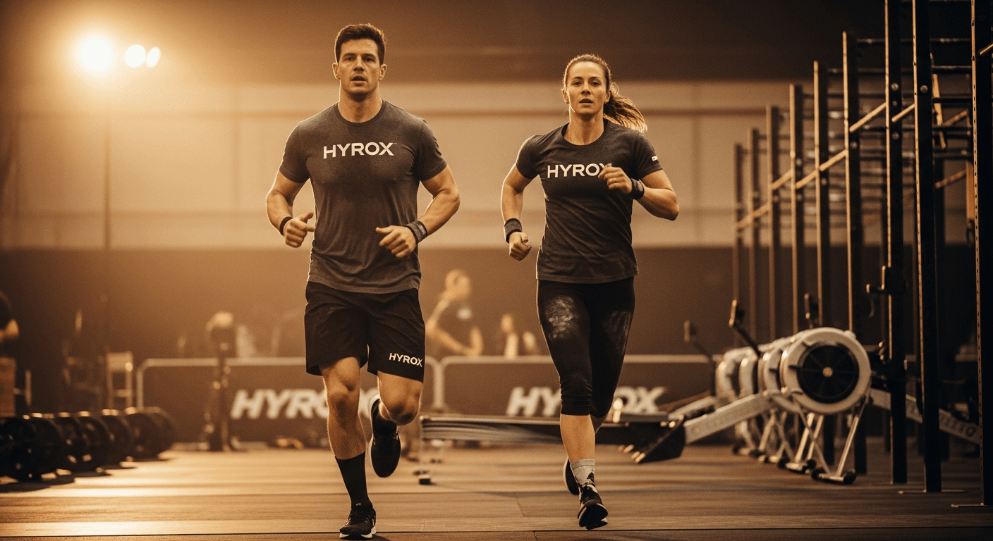 Two HYROX athletes run side by side in competitive stride on an indoor golden-lit arena track.