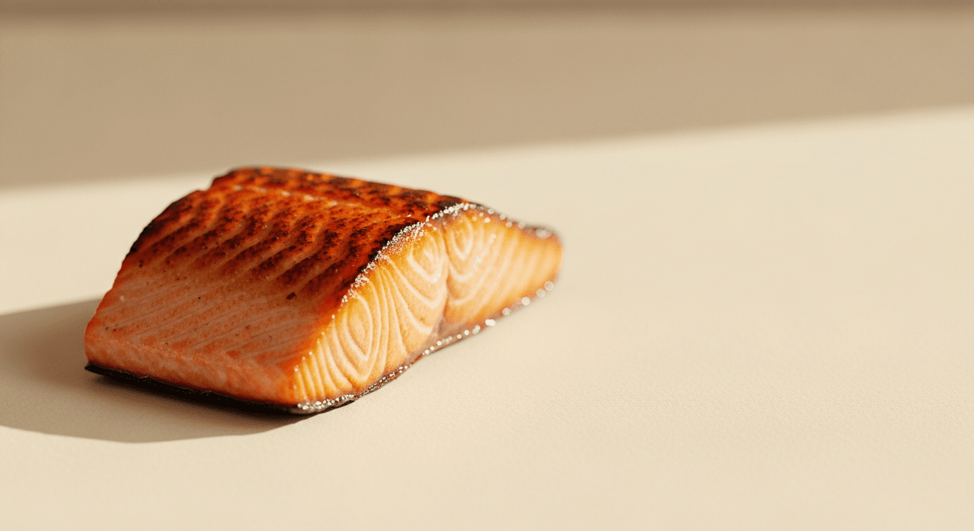 A seared salmon fillet with caramelized golden crust on a minimal cream surface.