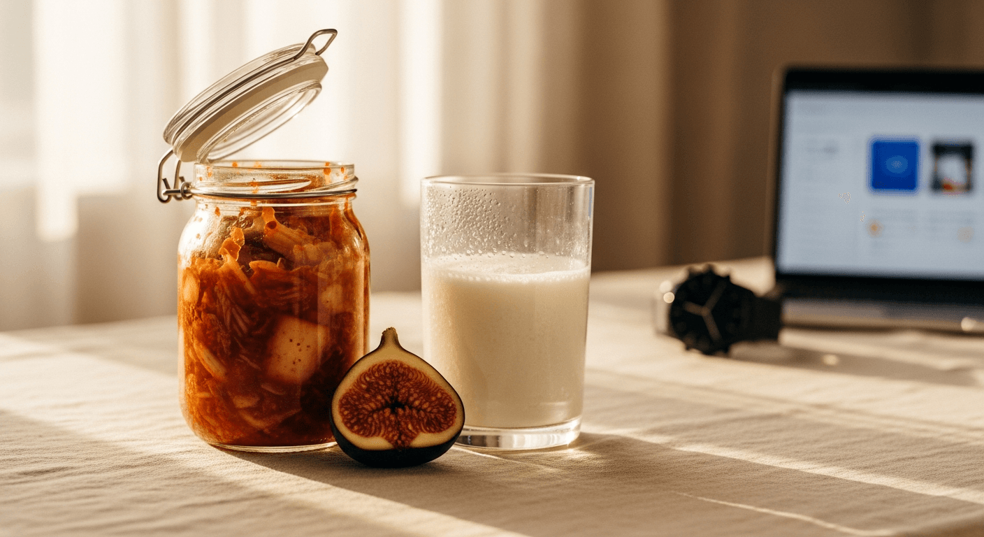 Kimchi jar, kefir glass, and fresh fig arranged on cream linen with a running watch blurred in background.