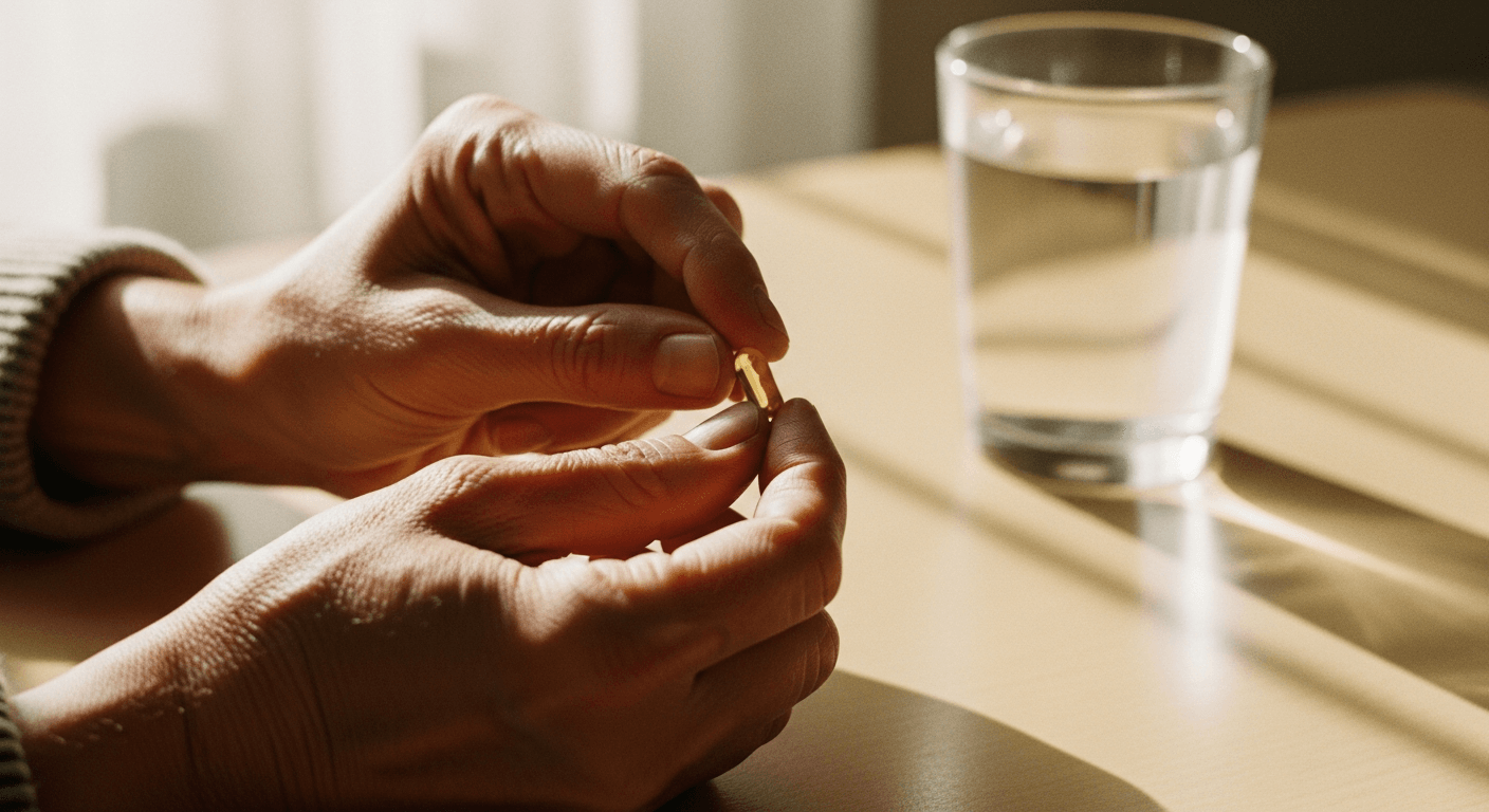 Weathered hands of an older adult holding a single multivitamin capsule next to a glass of water.