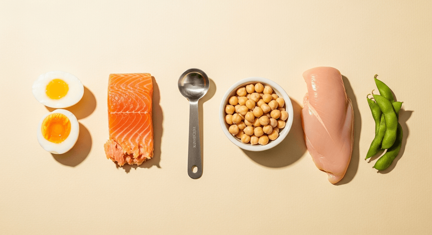 Editorial flat lay of five high-protein foods with measuring spoon on warm cream background.