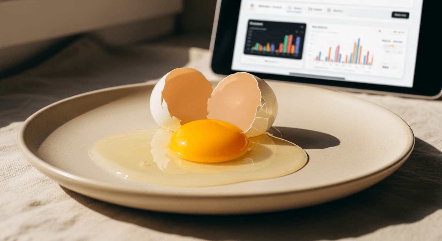 A cracked raw egg with intact golden yolk on a warm cream ceramic plate in soft natural light.