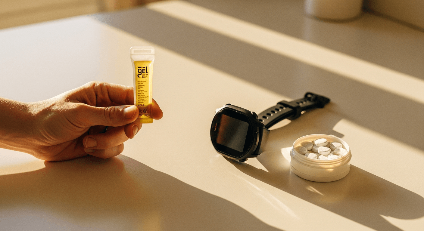 Athlete's hand holding energy gel with GPS watch and electrolyte tabs on cream surface in golden light.