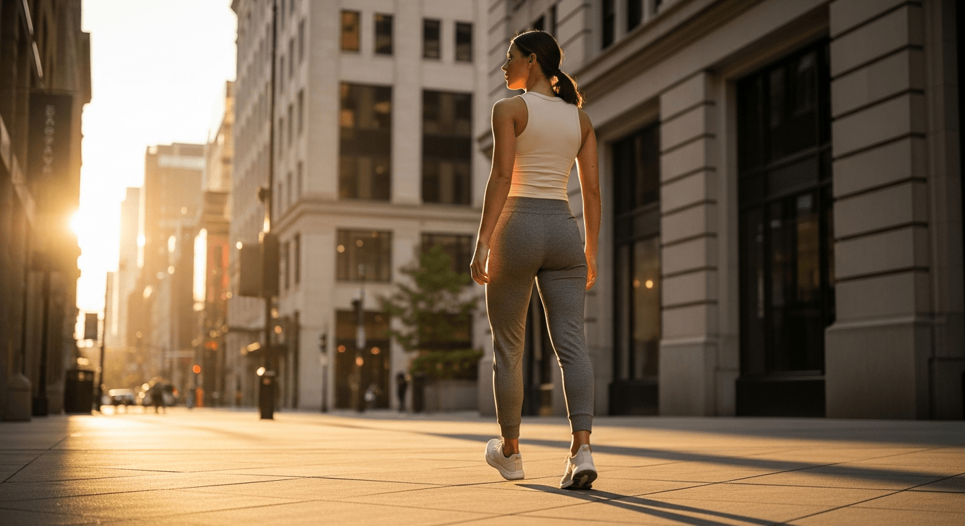 Professional woman in neutral athleisure walking purposefully through a sunlit urban street.