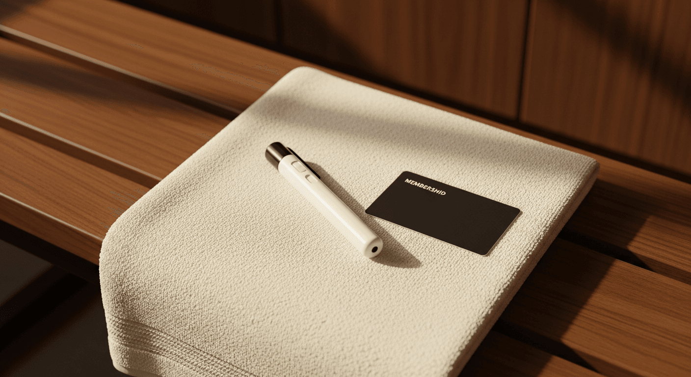 Auto-injector pen and membership card arranged on folded gym towel in warm-lit locker room.