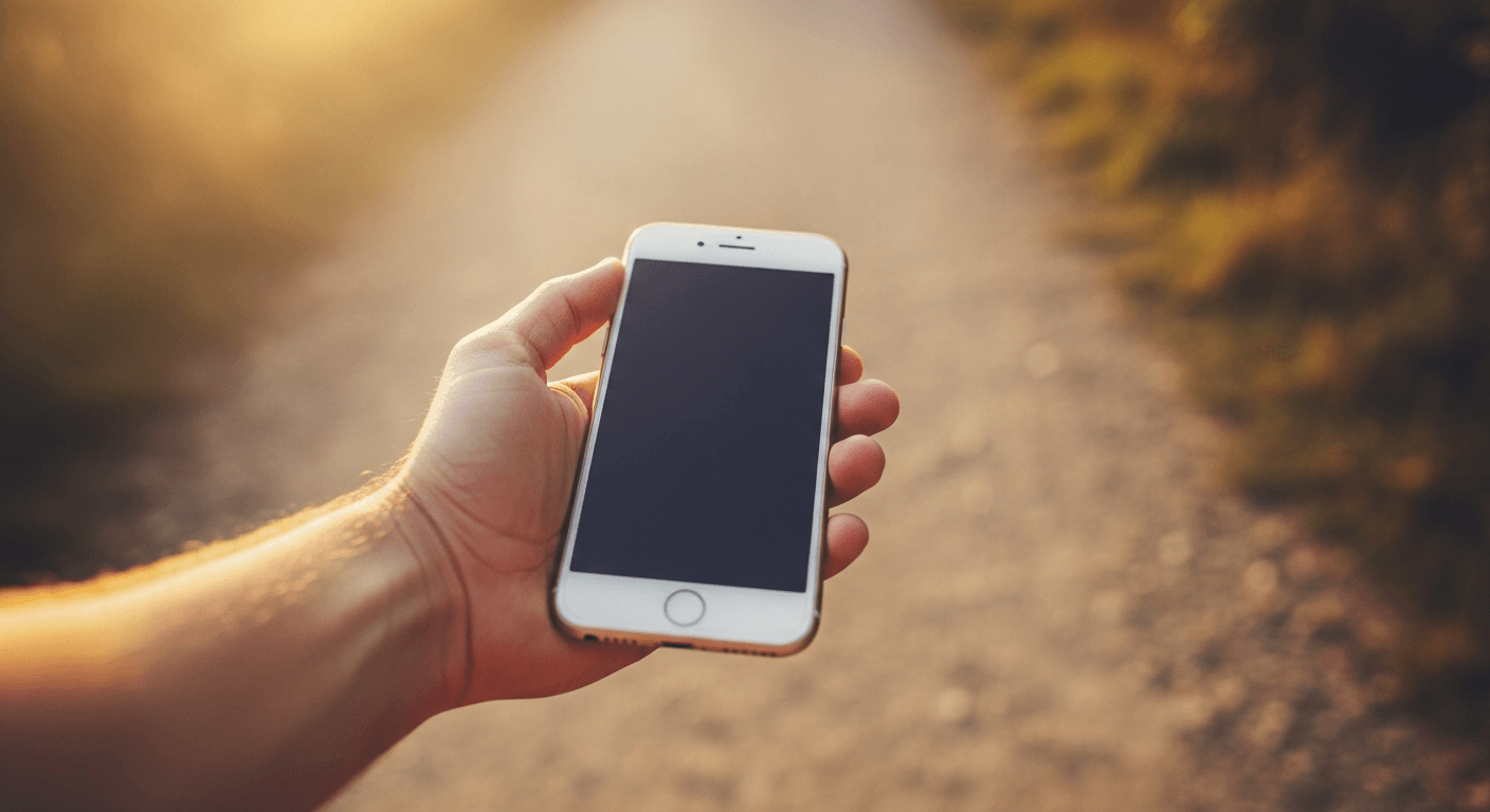 Runner holding a smartphone displaying a GPS route map while running on a trail in golden hour light.