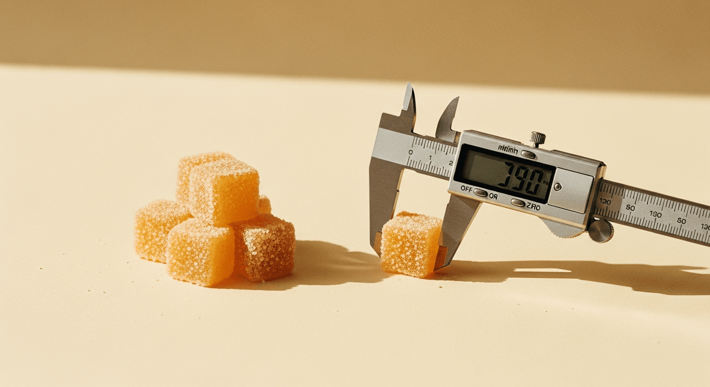 Translucent amber gummy cubes with sugar coating beside an open digital caliper on a warm cream surface.