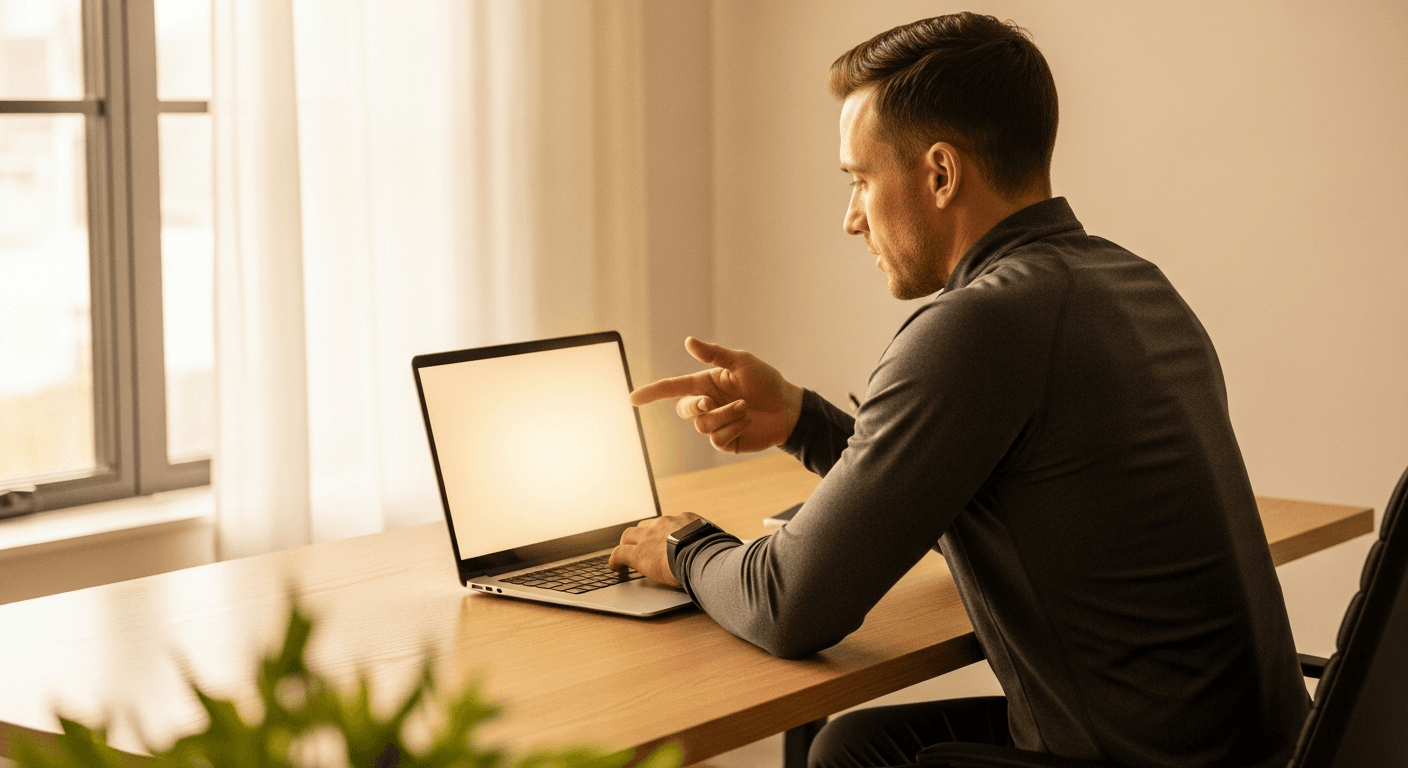 A confident fitness coach reviews client data on a laptop at a desk bathed in warm golden morning light.