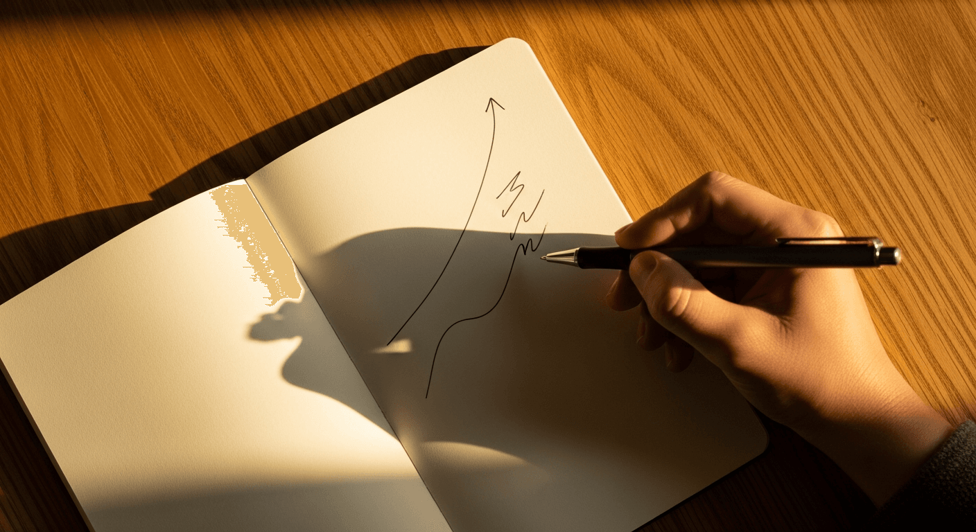 A hand draws an upward curve in ink on a notebook atop a warm wooden desk in golden light.