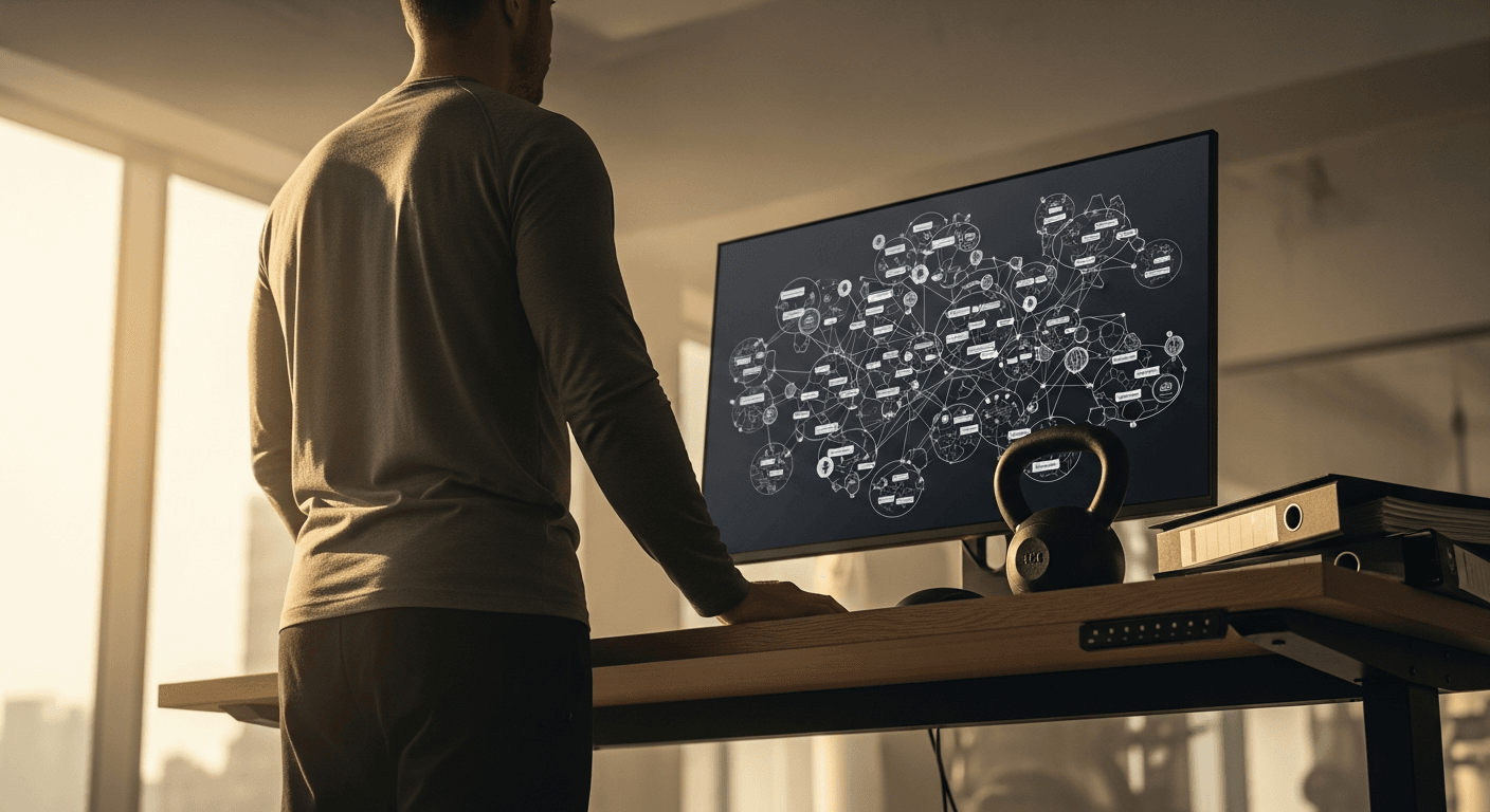 A confident coach at a standing desk facing a startup landscape map, surrounded by fitness equipment.