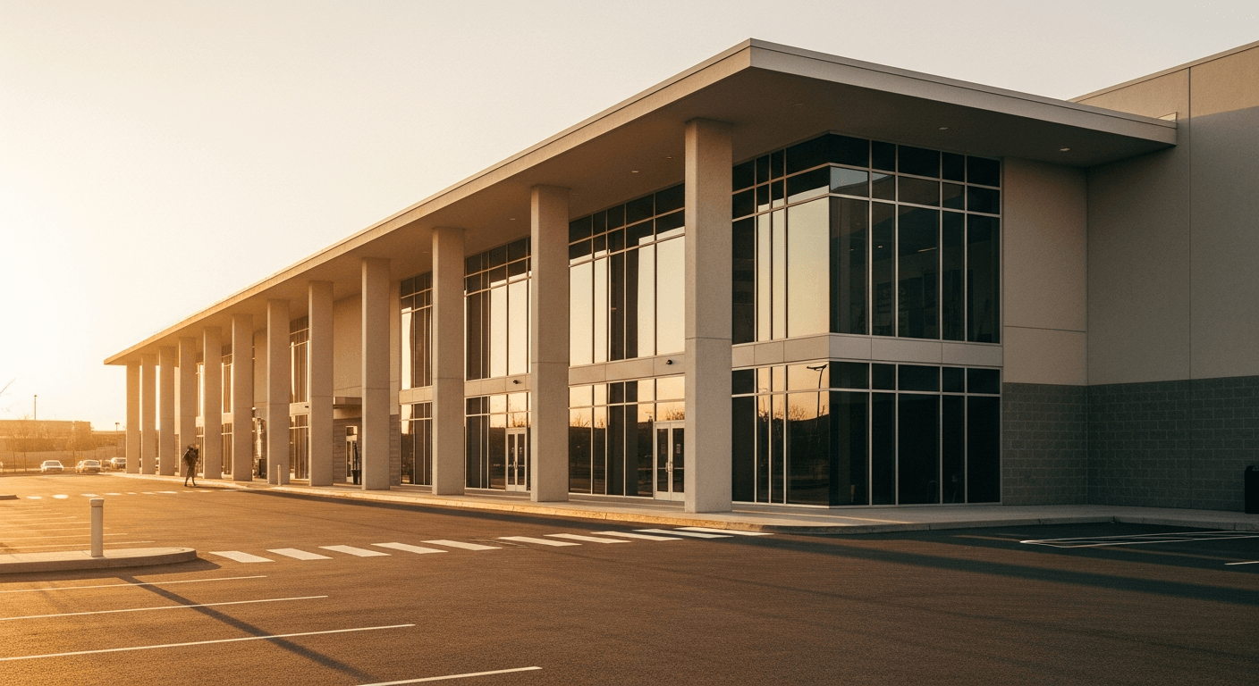 Modern gym building facade photographed at golden hour with warm, diffused natural light.