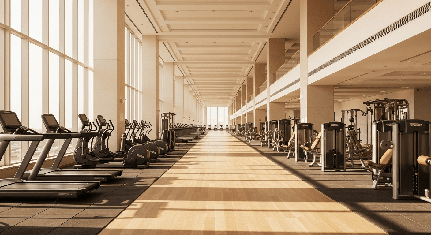 Spacious luxury gym interior with high ceilings, premium equipment, and warm golden light from large windows.
