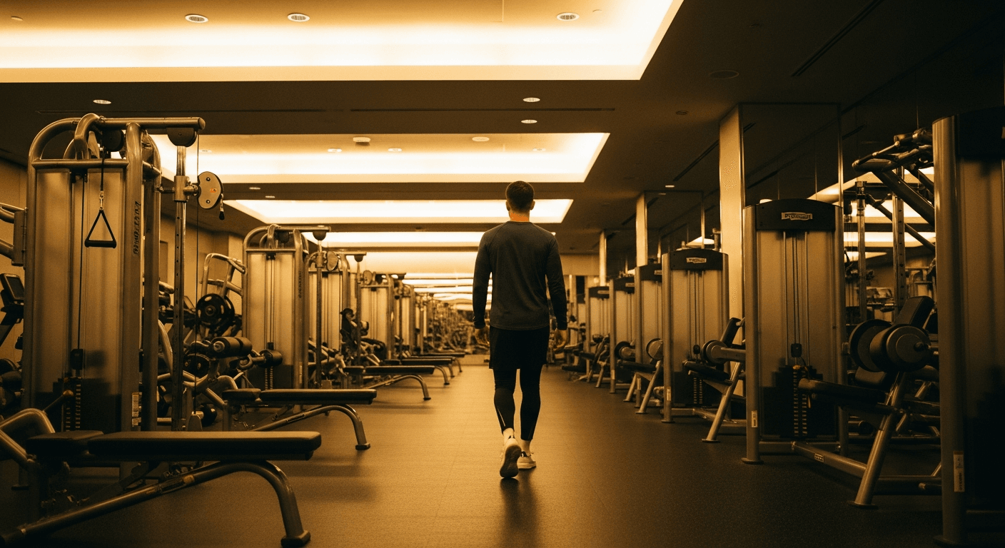 An affluent gym member in premium athletic wear walks across a luxury fitness facility bathed in warm golden light.