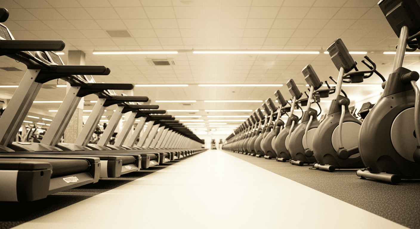 Row of new treadmills stretching into a bright, freshly opened gym interior bathed in warm golden light.