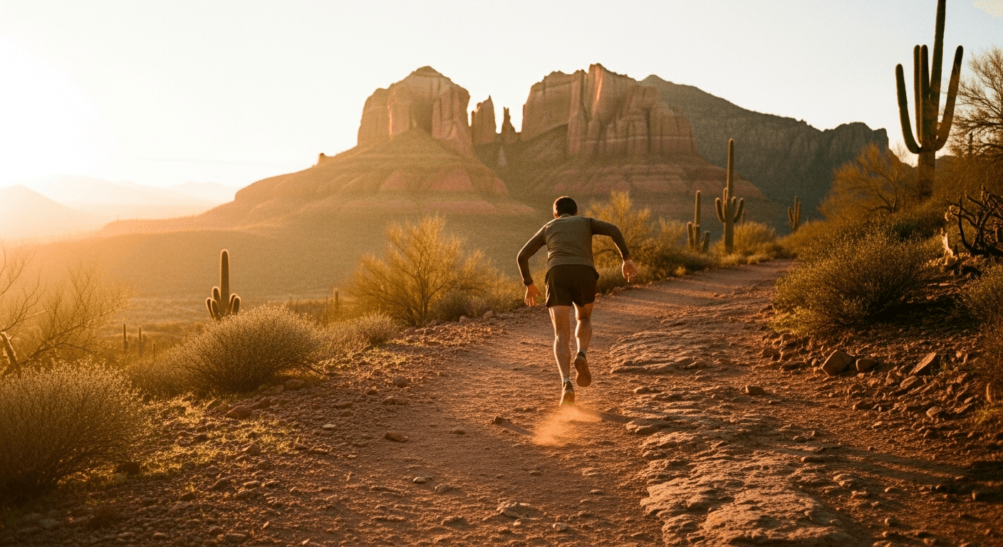 Trail runner mid-stride on a rugged Arizona desert path at golden hour with red rock formations.