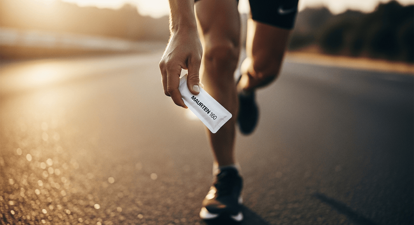 A runner's hand grips a white Maurten gel pouch mid-stride on a dark road in golden-hour light.