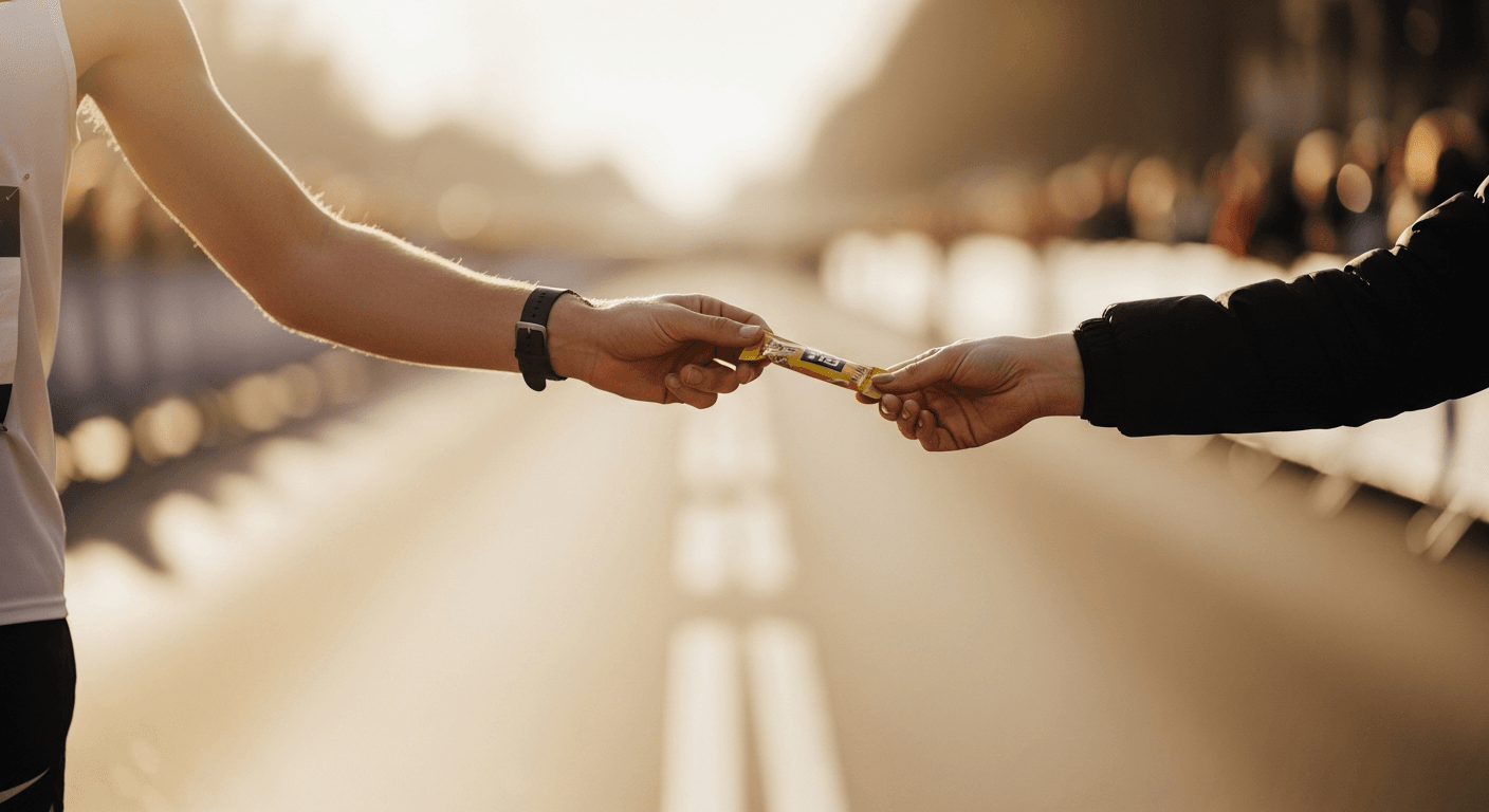 A runner receives an energy gel from a course volunteer during a race in golden light.