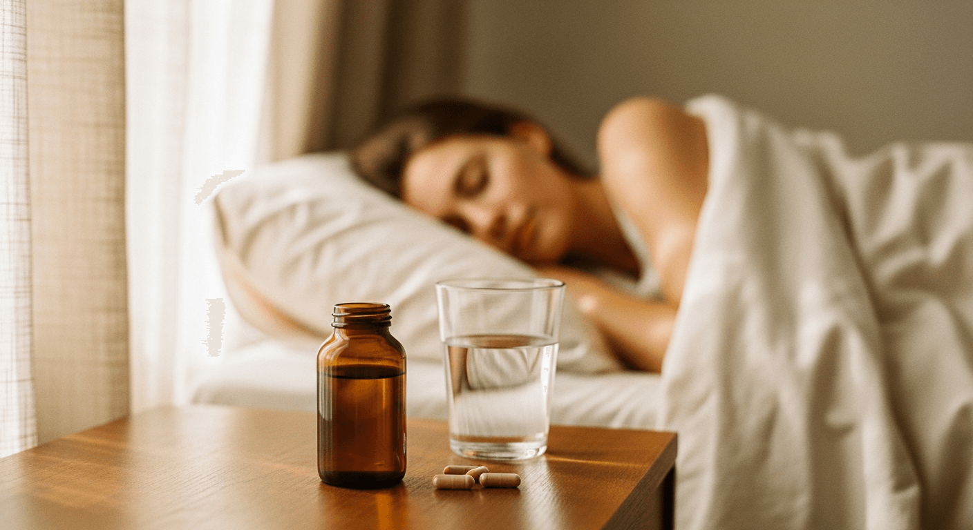 A woman sleeps peacefully with an ashwagandha bottle and water glass on her bedside table in warm golden light.