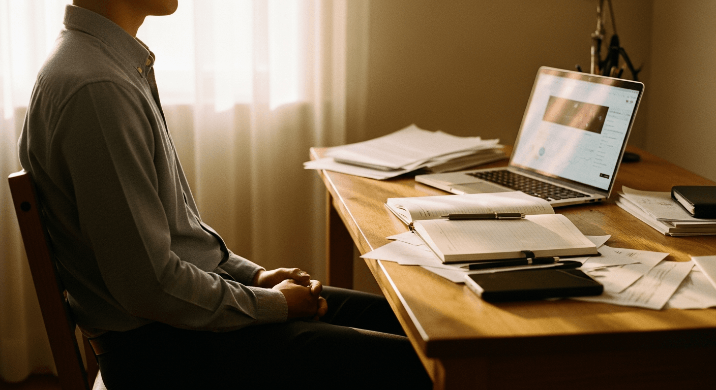 Person seated calmly at a cluttered desk, bathed in soft golden-hour light.