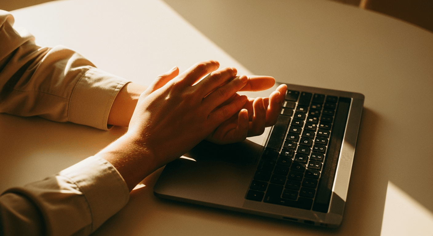 Resting hands above a laptop keyboard in a warm office with golden natural light and soft focus.