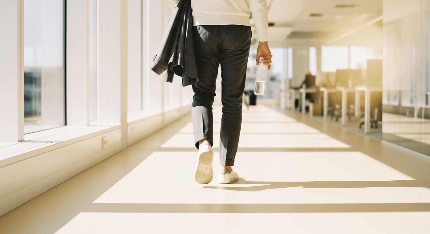 Professional walking through a bright office corridor with blazer and water bottle in hand.