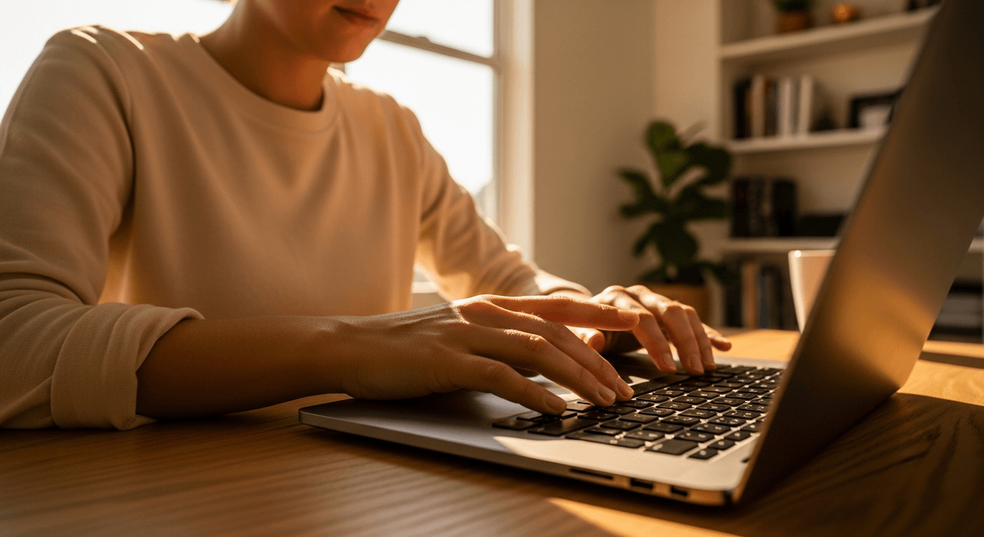 Person absorbed at keyboard with relaxed focus, hands mid-type, bathed in warm golden light from a home desk.