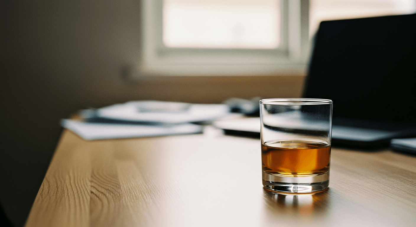 A glass of amber whiskey sits on a cluttered office desk in soft golden light.