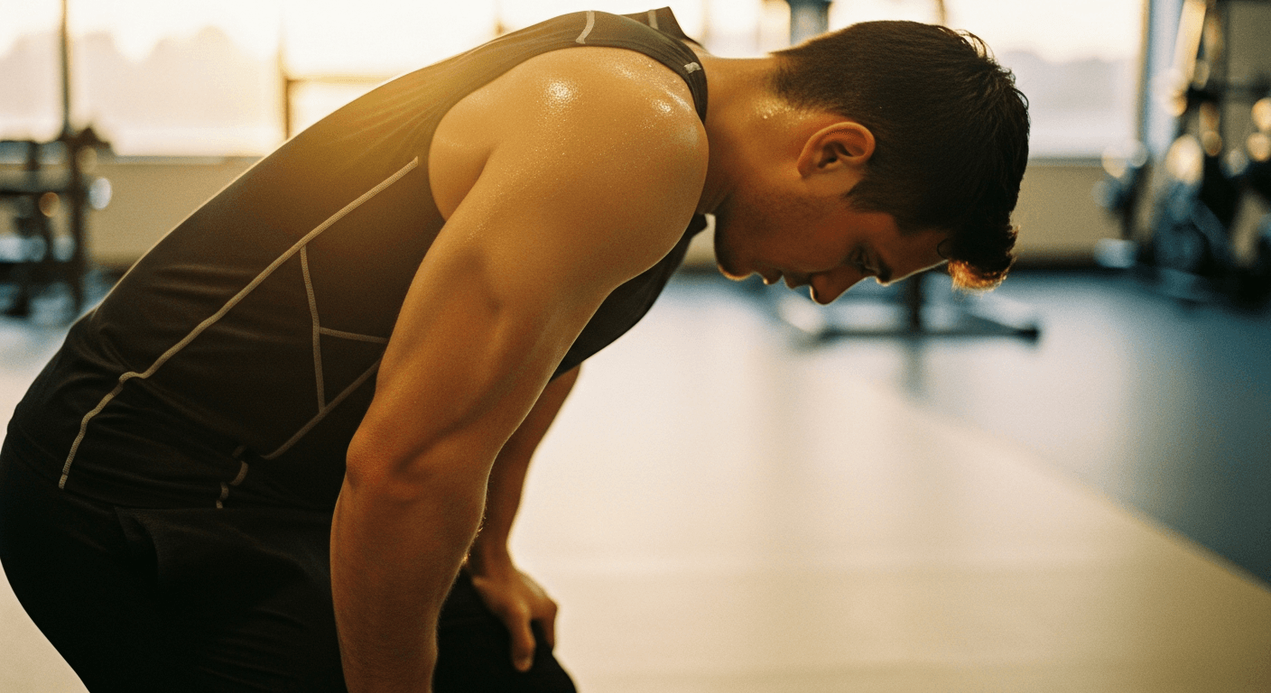 Male athlete exhausted after workout, hands on knees, glistening sweat, warm golden light.