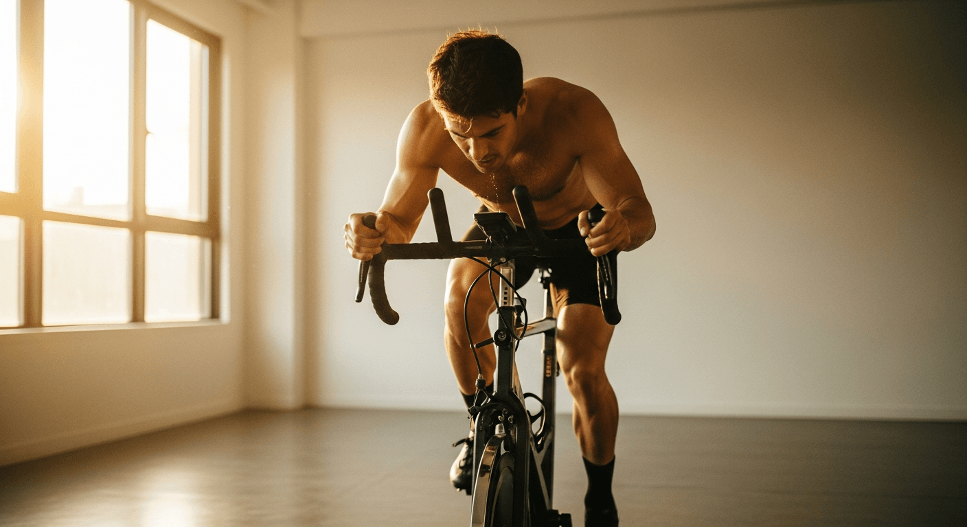 Sweaty cyclist leaning intensely over a stationary exercise bike in natural golden light.