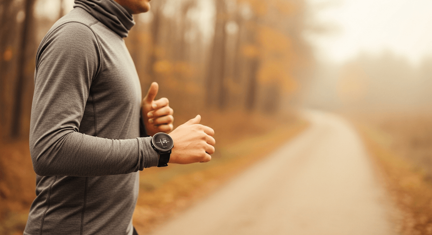 Runner mid-stride on a trail wearing a sports watch displaying heart rate in natural golden light.